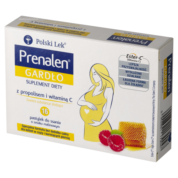 Prenalen Gardło z propolisem BEZ CUKRU smak malinowy 16 pastylek do ssania