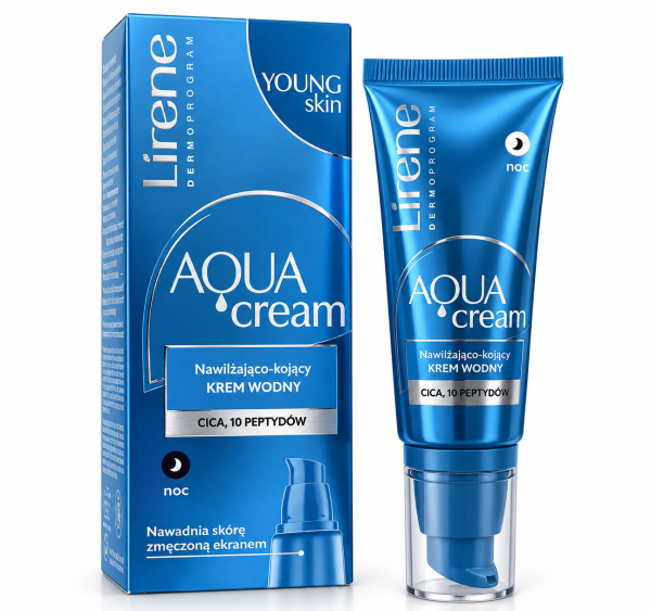 Lirene Young Skin Aqua Krem nawilżająco-kojący CICA, 10 PEPTYDÓW na noc 40 ml