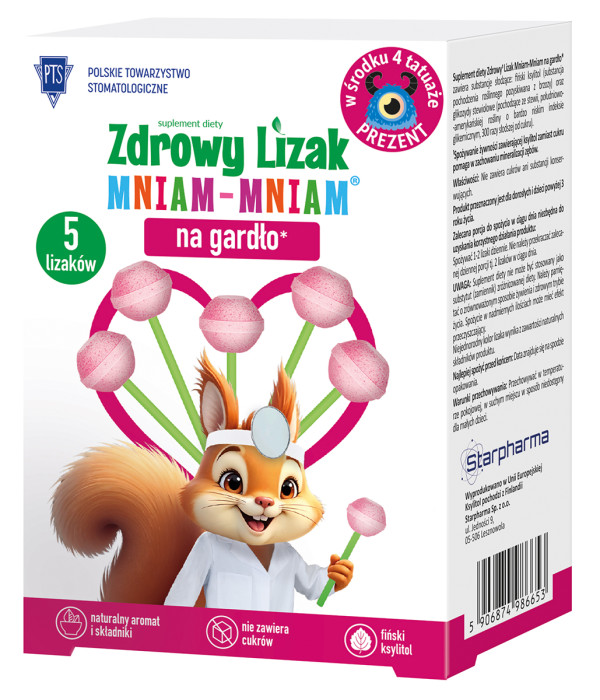 Zdrowy Lizak MNIAM-MNIAM na gardło 5 sztuk + 4 tatuaże GRATIS