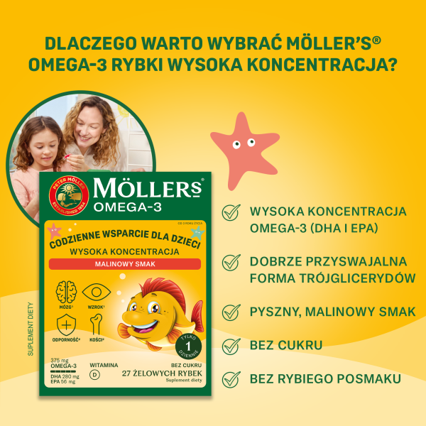 MÖLLER’S® RYBKI OMEGA-3 WYSOKA KONCENTRACJA O SMAKU MALINOWYM, ŻELKI, 27 SZTUK
