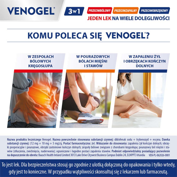 Venogel, żel o potrójnym działaniu przeciwbólowym, przeciwzapalnym i przeciwobrzękowym, 100 g