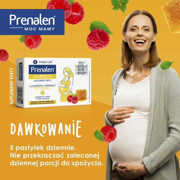 Prenalen Gardło z propolisem BEZ CUKRU smak malinowy 16 pastylek do ssania
