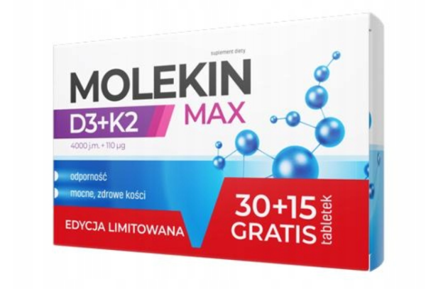Molekin D3 + K2 Max odporność mocne kości 30+ 15 tabletek GRATIS