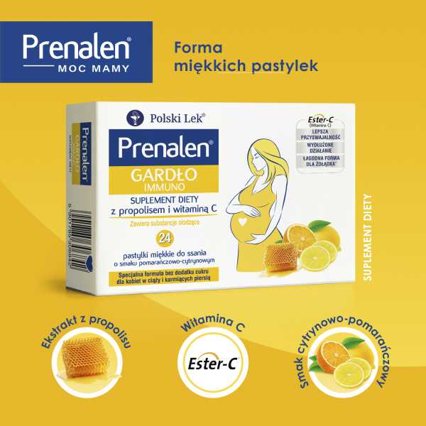 Prenalen Gardło Immuno o smaku pomarańczowo-cytrynowym, 24 pastylki miękkie do ssania