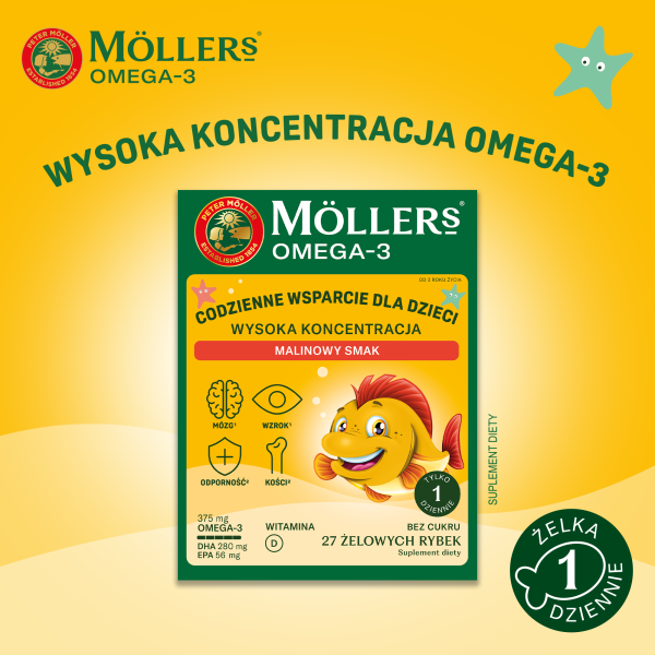 MÖLLER’S® RYBKI OMEGA-3 WYSOKA KONCENTRACJA O SMAKU MALINOWYM, ŻELKI, 27 SZTUK