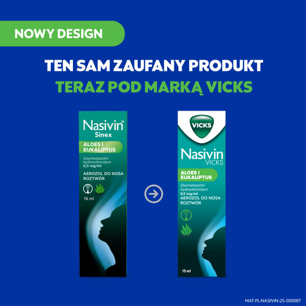Aerozol do nosa Nasivin Vicks Aloes i Eukaliptus na zatkany nos, katar, 15 ml