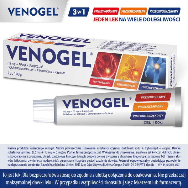 Venogel, żel o potrójnym działaniu przeciwbólowym, przeciwzapalnym i przeciwobrzękowym, 100 g