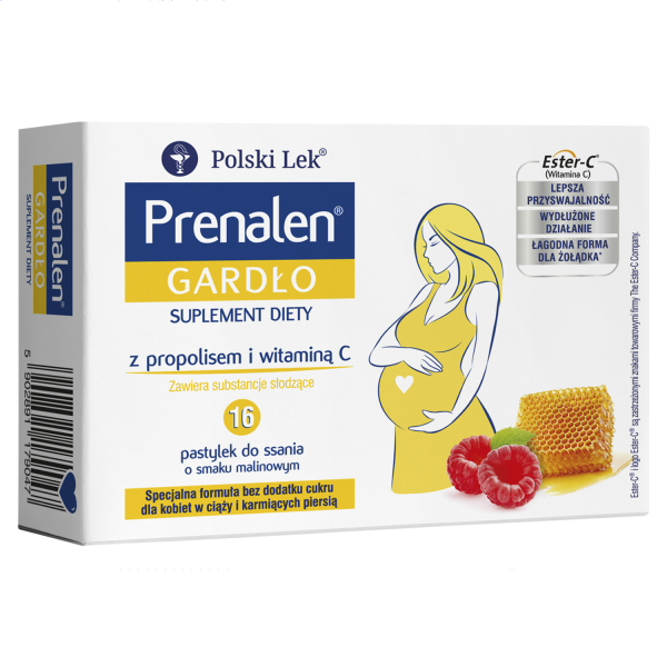 Prenalen Gardło z propolisem BEZ CUKRU smak malinowy 16 pastylek do ssania