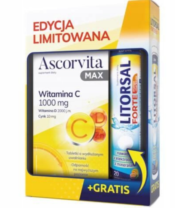 Ascorvita Max Zestaw witamina C 1000mg 30 tabl. + Litorsal Forte mango-marakuja, 20 tabletek musujące