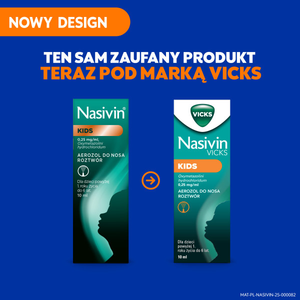 Aerozol do nosa Nasivin Vicks Kids na zatkany nos, lek udrażniający, dla dzieci powyżej 1. do 6 r.ż., 10 ml