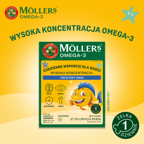MÖLLER’S® RYBKI OMEGA-3 WYSOKA KONCENTRACJA O SMAKU OWOCOWYM, ŻELKI, 27 SZTUK