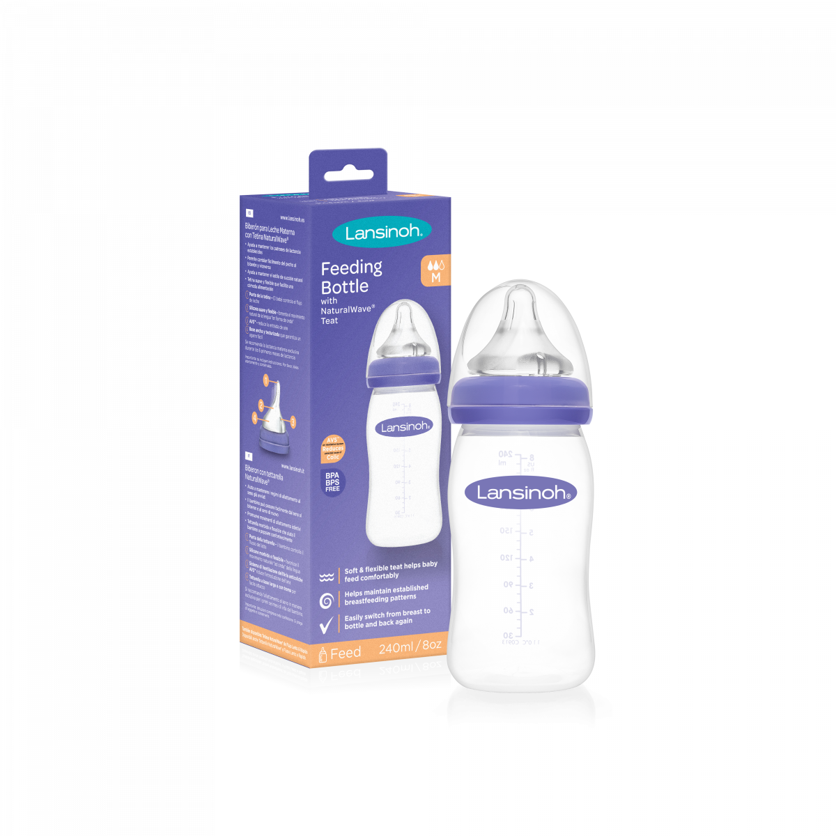LANSINOH Natural Wave 240ml, Butelka do karmienia ze smoczkiem
