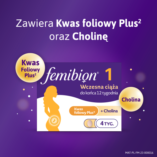 Femibion 1 Wczesna ciąża od 1 do 12 tygodnia Kwas Foliowy Plus cholina 28 tabletek