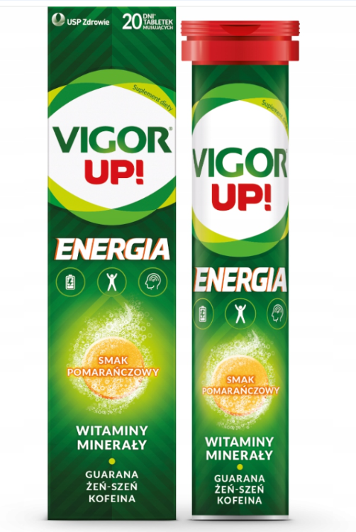 VIGOR UP! ENERGIA witaminy żeń-szeń guarana kofeina smak pomarańczowy 20 tabletek