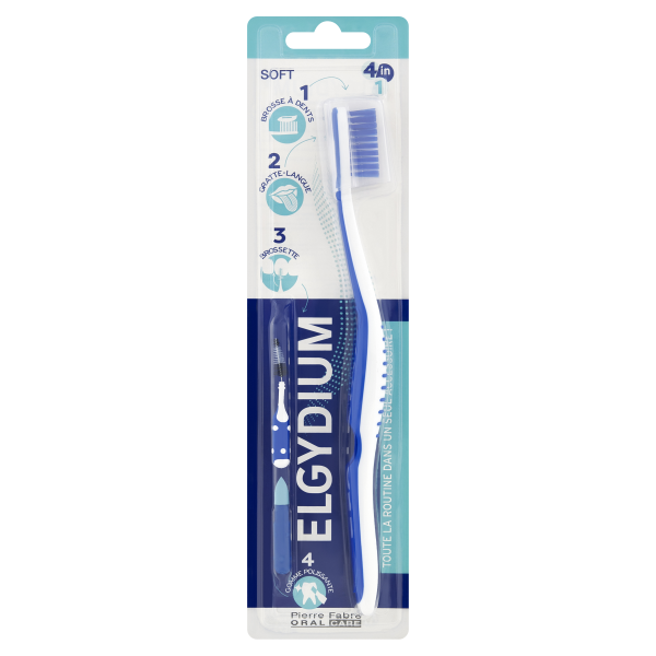 ELGYDIUM Szczoteczka SOFT 4w1 z czyścikiem gumką i szczoteczką międzyzębową 1 sztuka