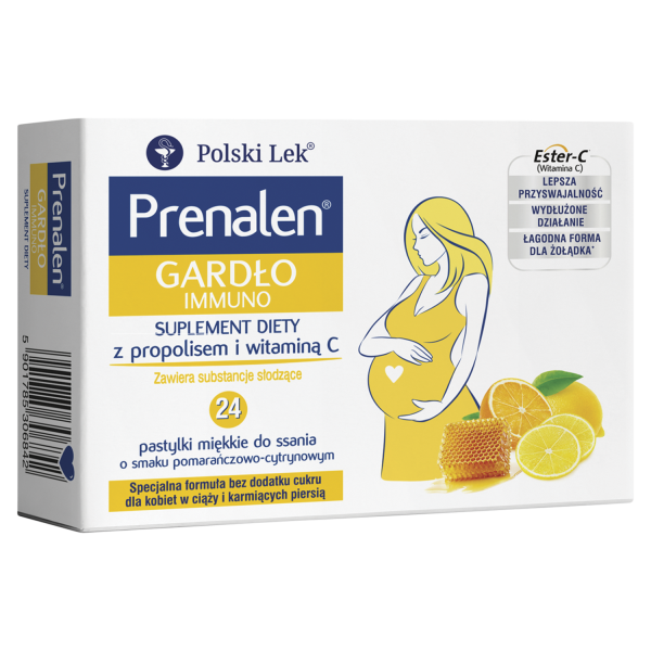 Prenalen Gardło Immuno o smaku pomarańczowo-cytrynowym, 24 pastylki miękkie do ssania