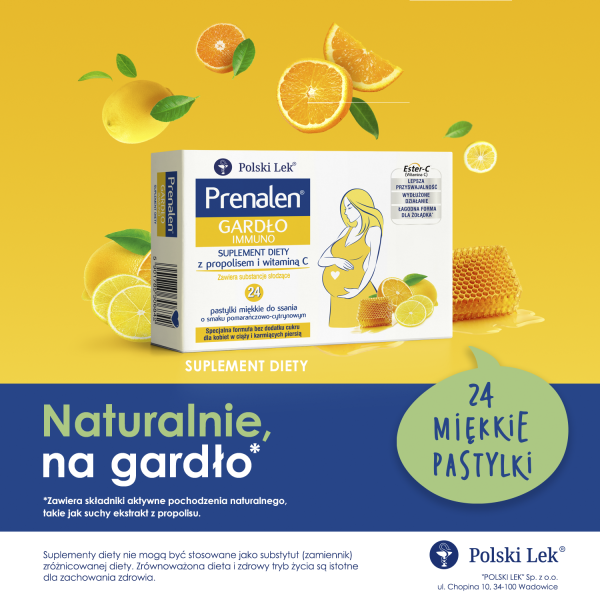 Prenalen Gardło Immuno o smaku pomarańczowo-cytrynowym, 24 pastylki miękkie do ssania