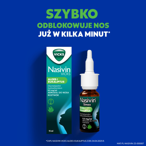 Aerozol do nosa Nasivin Vicks Aloes i Eukaliptus na zatkany nos, katar, 15 ml