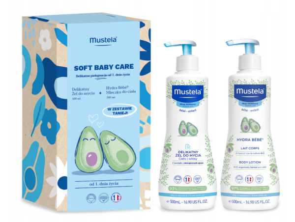 MUSTELA BABY SOFT PIELĘGNACJA Żel z avocado 500ml + Mleczko 500ml