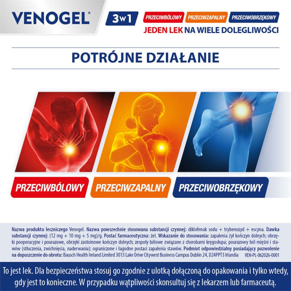 Venogel, żel o potrójnym działaniu przeciwbólowym, przeciwzapalnym i przeciwobrzękowym, 100 g