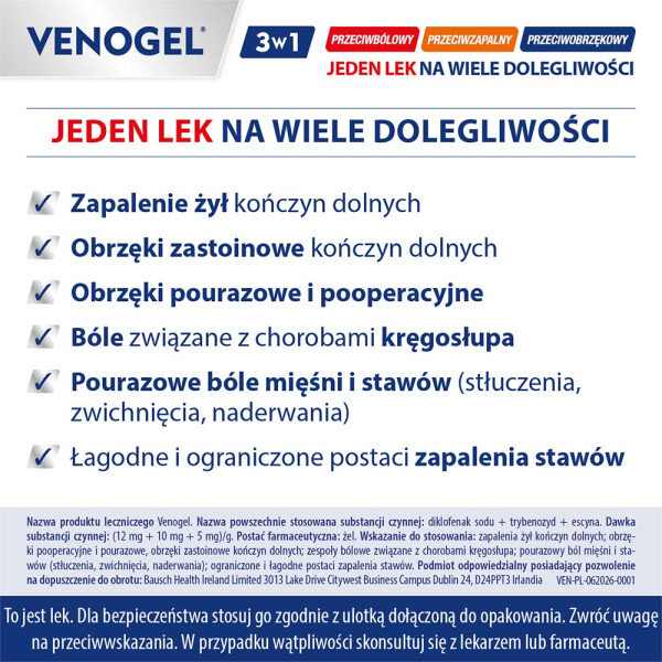 Venogel, żel o potrójnym działaniu przeciwbólowym, przeciwzapalnym i przeciwobrzękowym, 50 g