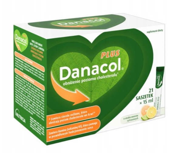 Danacol Plus  21 saszetek po 15 ml na obniżenie cholesterolu smak cytrusowy