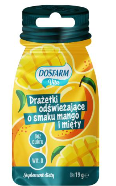 DOSFARM Vita Drażetki mango/mięta bez CUKRU z Wit. D3 19 g