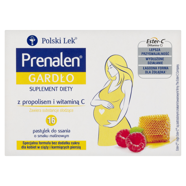 Prenalen Gardło z propolisem BEZ CUKRU smak malinowy 16 pastylek do ssania