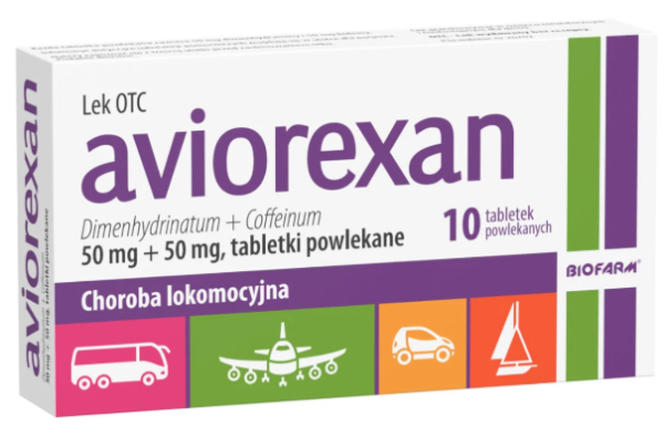 Aviorexan 50mg dimenhydraminy + 50mg  kofeiny na chorobę lokomocyjną 10 tabletek