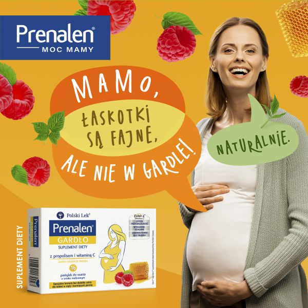Prenalen Gardło z propolisem BEZ CUKRU smak malinowy 16 pastylek do ssania