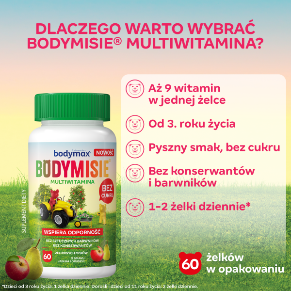 Bodymax Bodymisie multiwitamina misie o smaku jabłka i gruszki BEZ CUKRU 60 żelków