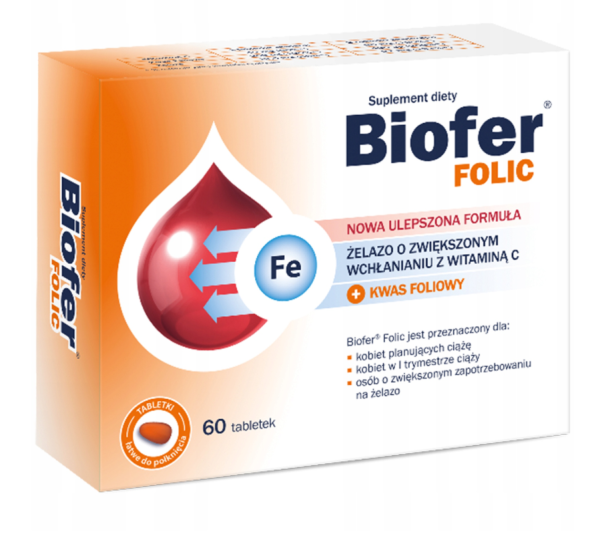Biofer Żelazo Folic PLANOWANIE CIĄŻY, KWAS FOLIOWY, WITAMINA C 60 tabletek