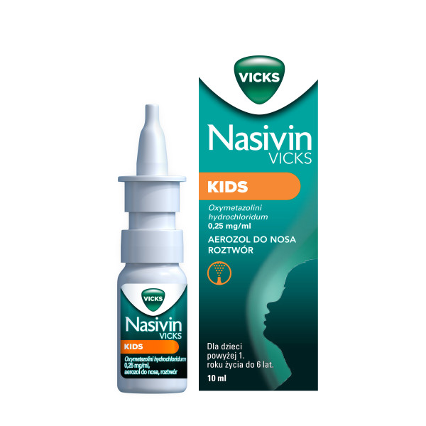 Aerozol do nosa Nasivin Vicks Kids na zatkany nos, lek udrażniający, dla dzieci powyżej 1. do 6 r.ż., 10 ml