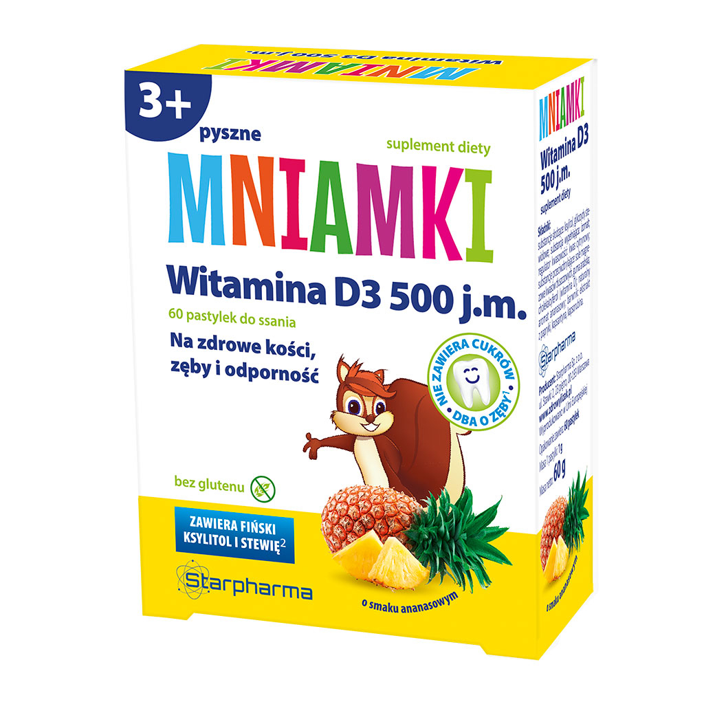 MNIAMKI Witamina D 500IU do ssania bez cukru i glutenu smak ananasowy 60 szt.