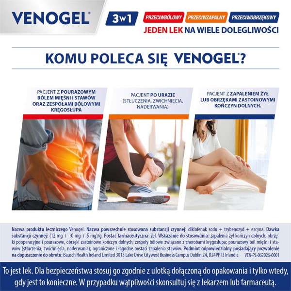 Venogel, żel o potrójnym działaniu przeciwbólowym, przeciwzapalnym i przeciwobrzękowym, 100 g