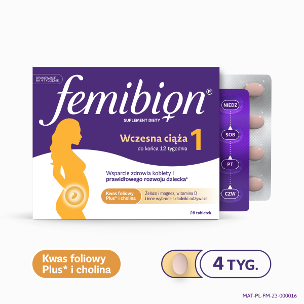 Femibion 1 Wczesna ciąża od 1 do 12 tygodnia Kwas Foliowy Plus cholina 28 tabletek