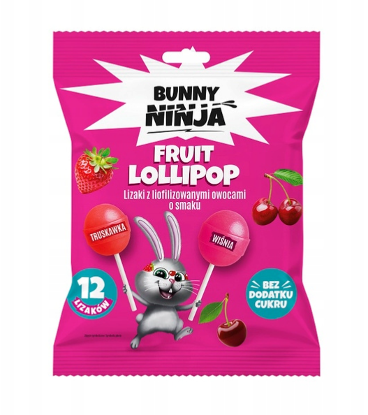 Bunny Ninja LOLLI POP Lizaki kulki truskawka wiśnia bez dodatku cukru 12 sztuk