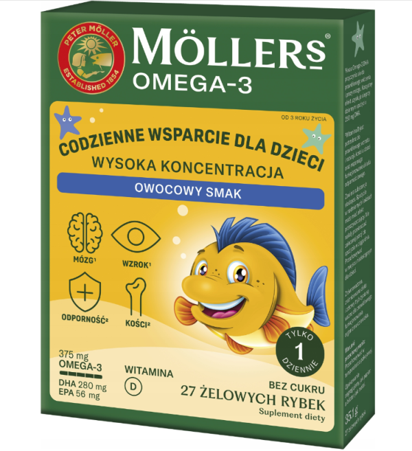Möller’s® Omega-3 Rybki BEZ CUKRU o smaku owocowym 27 żelowych rybek