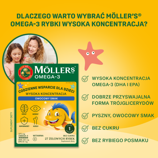MÖLLER’S® RYBKI OMEGA-3 WYSOKA KONCENTRACJA O SMAKU OWOCOWYM, ŻELKI, 27 SZTUK