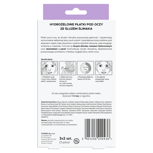 L'biotica Hydrożelowe płatki pod oczy ze śluzem ślimaka 3 x 2 sztuki