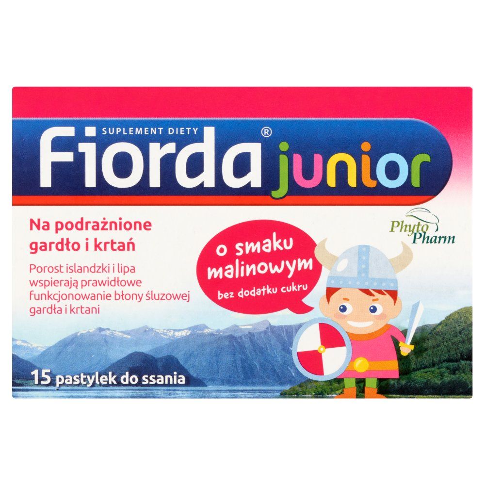 Fiorda Junior, pastylki do ssania o smaku malinowym, 15 szt.