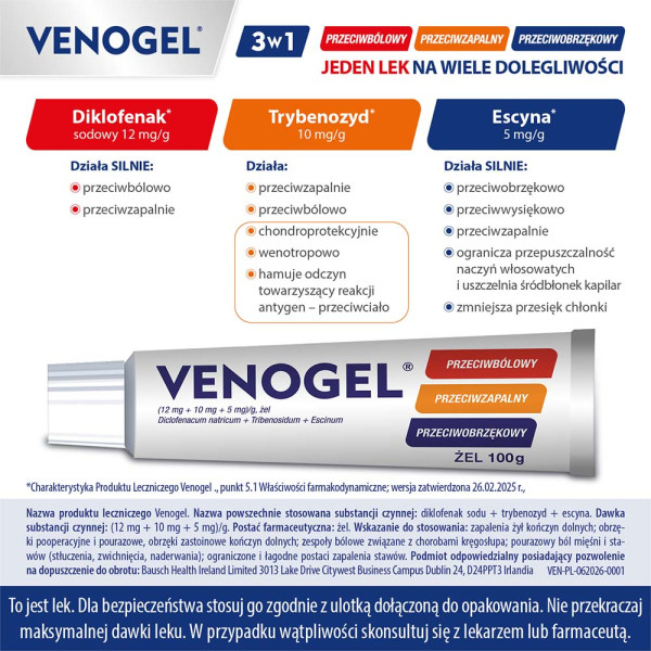 Venogel, żel o potrójnym działaniu przeciwbólowym, przeciwzapalnym i przeciwobrzękowym, 100 g