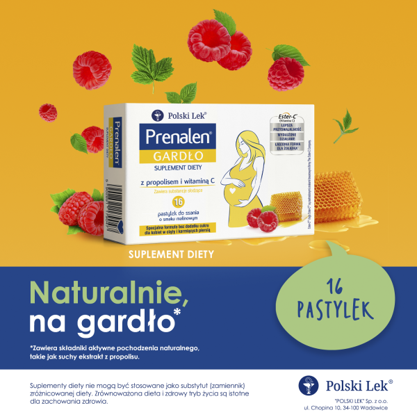 Prenalen Gardło z propolisem BEZ CUKRU smak malinowy 16 pastylek do ssania