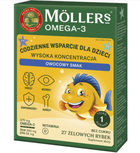 Möller’s® Omega-3 Rybki BEZ CUKRU o smaku owocowym 27 żelowych rybek