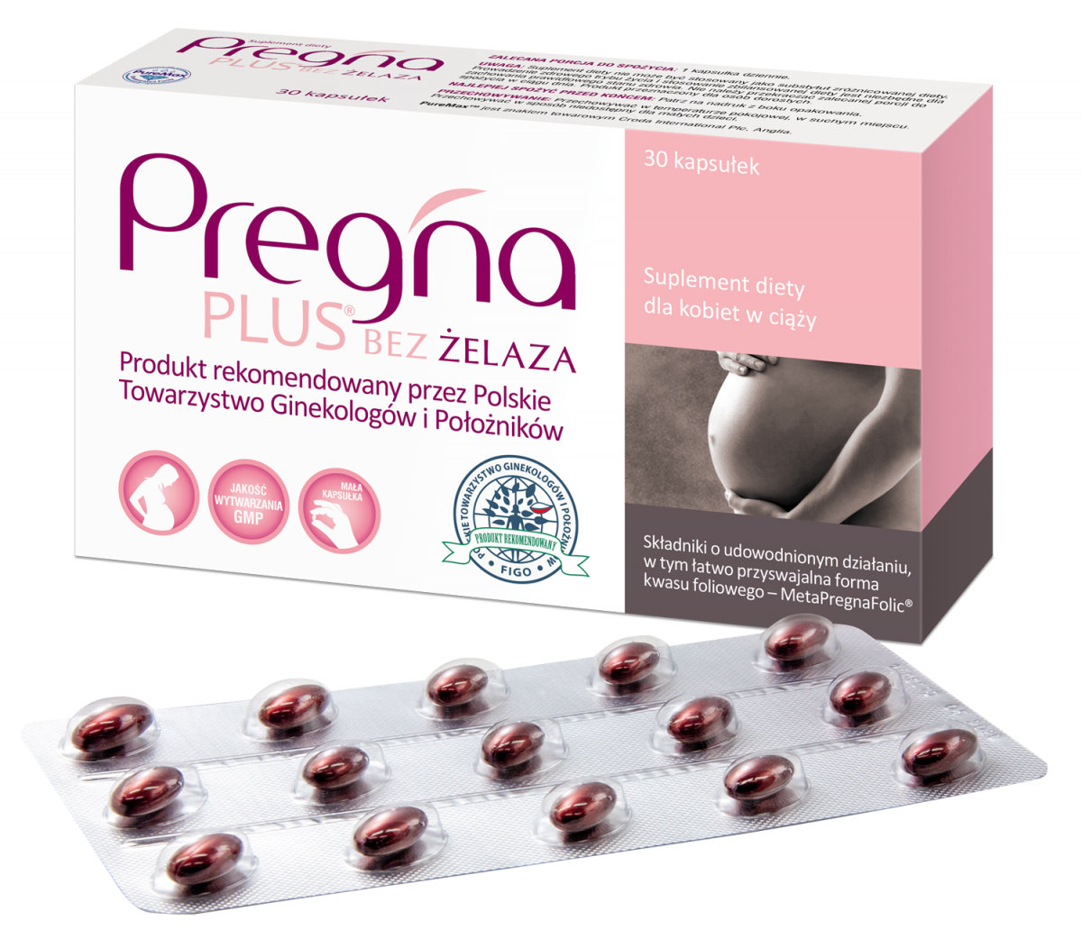 Pregna PLUS BEZ ŻELAZA dla kobiet w ciąży 30 +15 kapsułek GRATIS